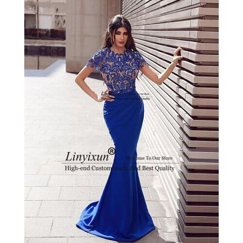 Sexy Royal Blue Mermaid Evening Gowns Saudi Arabia Cap Sleeve Prom Dresses Crystal Robe de Soiree Long Prom Party Gowns