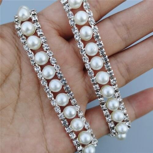100cm Pearl Crystal Chain Rhinestone Trim Ribbon Metal Chain for Dress Artcraft House Costume Sewing Decoration 12mm Width