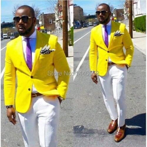 2017 Summer Style Custom Made Yellow Tuxedo Jacket Mens Suit Groom Tuxedos Beach Wedding Suits For Men Best Man Jacket+Pants