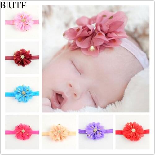 30pcs/lot Elastic Head Band with Shiny Rhinestone On Gold Polka Dotted Chiffon Flower Newborn Headband FDA218