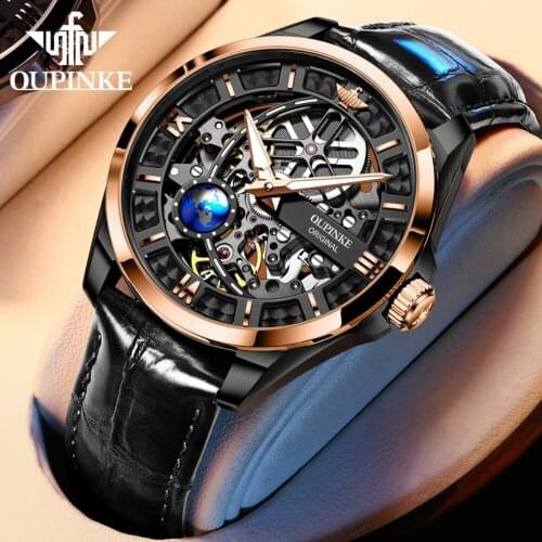 OUPINKE Skeleton Mens Automatic Mechanical Watch Luminous Sapphire Men Watches Waterproof Leather Sport Fashion Business Clock