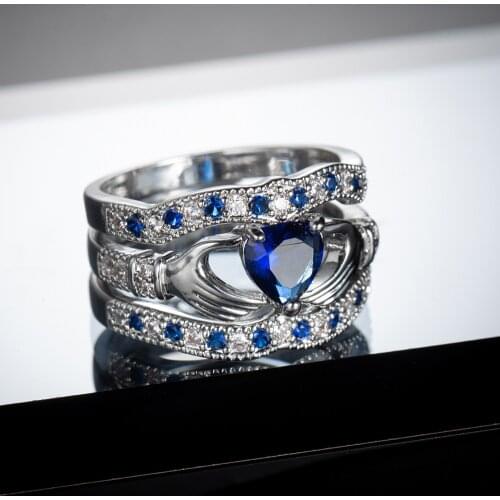 Womens S925 Silver Three-piece Blue Zircon Bracelet Holding Love Jewelry Ring