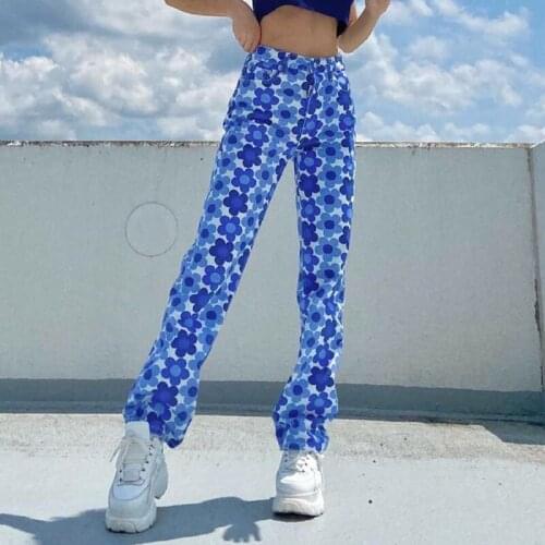 Jeans Womens Fashion Streetwear Blue Green Brown Floral Printed Straight Long 2021 New Fashion Female Vintage Y2K Denim Pants