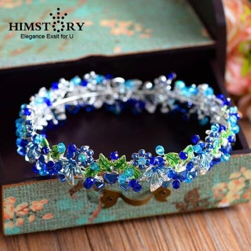 HIMSTORY Handmade European Royal Hair Crown Blue Rhinestone Round Tiara Princess Queen Crown Wedding Hair Accessories