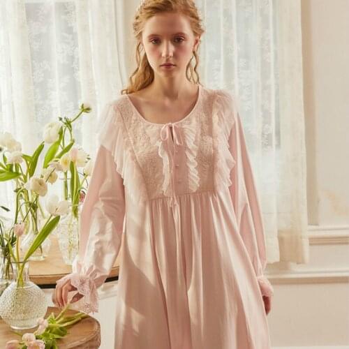 Cotton Nightgown Sleepwear Night Wear Women Long Sleeve Night Dress Women Sleepwear Pink White