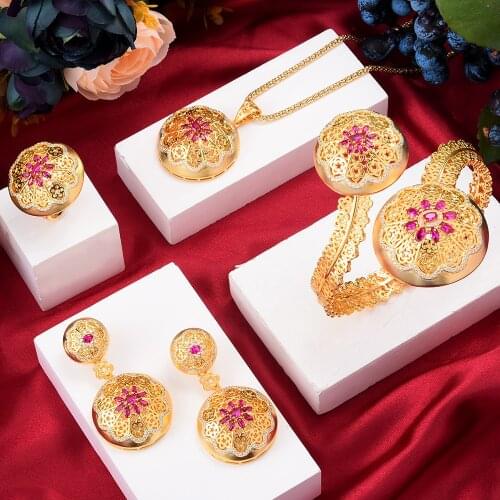 KellyBola Jewelry Dubai Nobility Exquisite Zircon Necklace Bracelet Ring Earring Opening Adjustable Set Womens Wedding Banquet