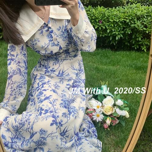 Korean Spring Sweet Floral Print Peter Pan Collar Long Sleeve Boho Beach Dress Women Elegant Casual Bandage Long Party Dresses