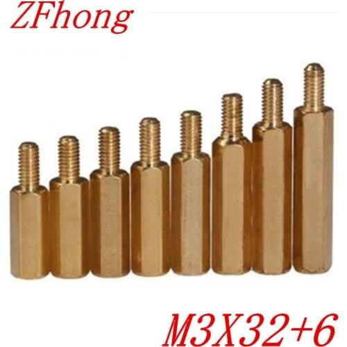 100PCS M3 x 32+6 M3*32 male to female brass standoff spacer