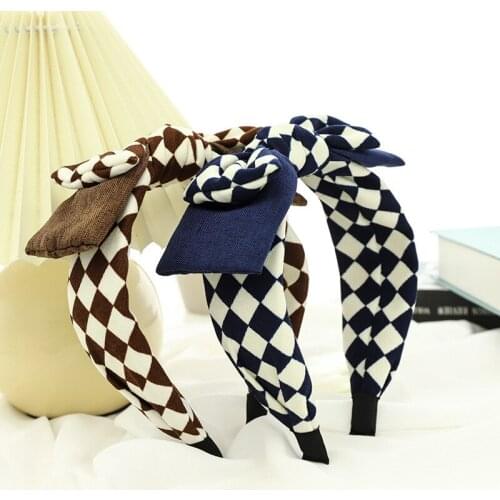 2021 New Plaid Bezel Cotton Hair Bands Knotted Bow Headband For Women Sponge Padded Wide Hairband Girls Hoop Hair Accessories