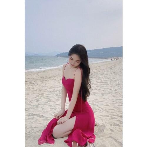 Fashion summer dress womens torticollis sleeveless zipper lining Holiday Beach elastic dress womens avant-garde