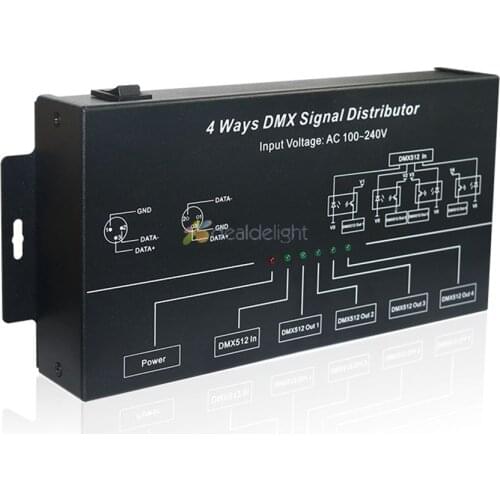 DMX512 amplifier Splitter DMX signal repeater 4CH 4 output ports DMX signal distributor; AC100V-240V input DMX124