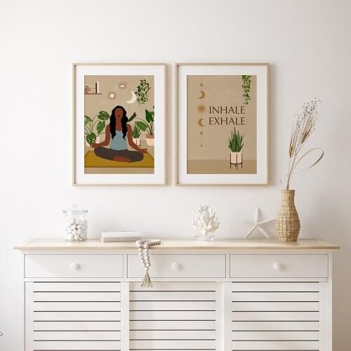 African Boho Yoga Meditation Woman Poster And Print Wall Art Inhale Exhale Quote Canvas Painting Print Pictures For Living Room