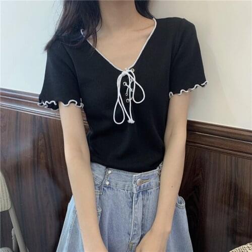 Women Summer V-Neck Short Sleeve Y2k Harajuku Tops Casual sweet Black Bandage Tee Shirts Kawaii Cute Femme Korean T Shirt Crop