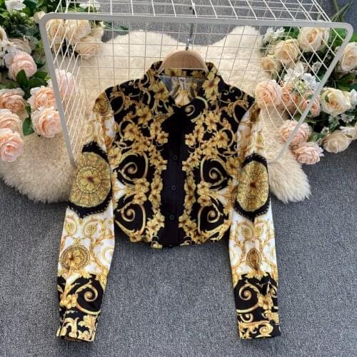 Womens Spring Autumn Runway Fashion Print Shirt Female Vintage High Waist Casual Blouse Tees Tops TB1607