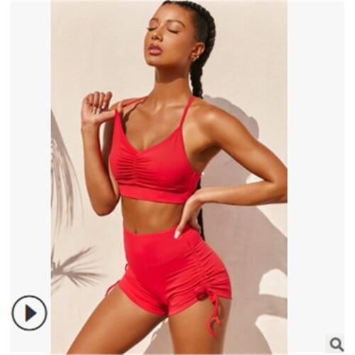 Women Solid Color Fitness Sport Suits Adult Sleeveless Pleated V-Neck Nine-Point Pleated Suspender Top + Side Drawstring Shorts