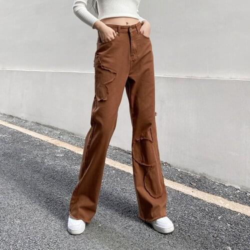 Female Solid Color Flower Pattern Reverse Trim Straight Jeans High Waist Wild Daily Wear Casual Trousers for All Seasons