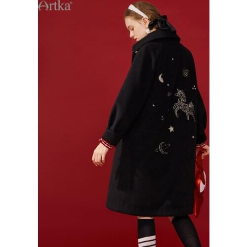 ARTKA 2020 Winter New Women Woolen Coat Fashion Back Embroidery Black Woolen Coat Long Loose Thicken Woolen Outerwear FA22108D
