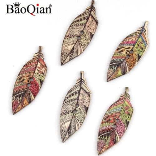20Pcs Indian Feather 2 Hole Wood Buttons for Sewing Scrapbook Clothing Crafts DIY Handwork Card Accessories 42x15mm