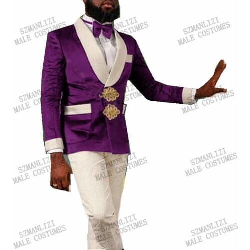 2021 Purple Double Breasted Slim Fit Dinner Prom Party Men Suits For Wedding Suits Pants Groom Tuxedo Groomsmen Best Man Blazer