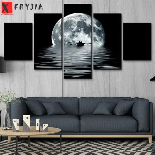 Diamond Painting Abstract art, moon, boat on the lake 5d Diamond Embroidery Full Diamond Mosaic Cross Stitch Decoration5pcs