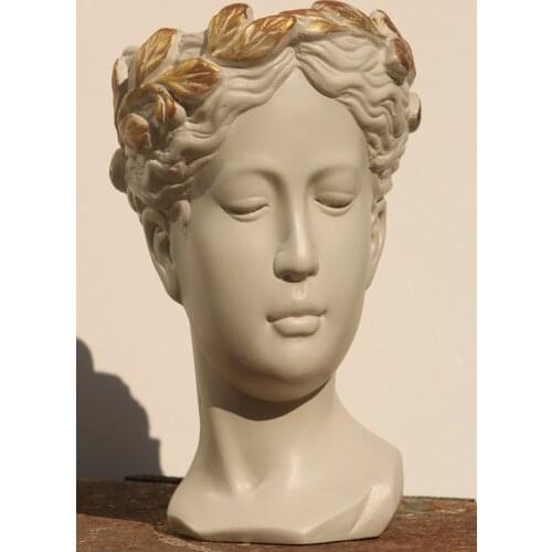 Antique Helen Head Concrete Handmade Effigy of Flower Pot Raw White painted (crown gold)