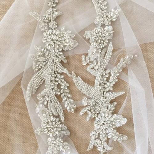 Delicate Leaf Rhinestone Applique Pair Crystal Beaded Bridal Gown Bodice Cape Couture Crystal Applique