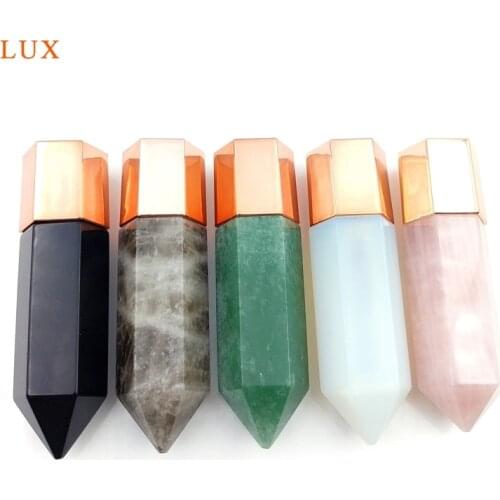 Natural Gemstones Hexagon Prism Perfume Bottle Jewelry Amethyst Rose Quartz Chakra Crystal Opal Perfume Vial Jewelry For Women