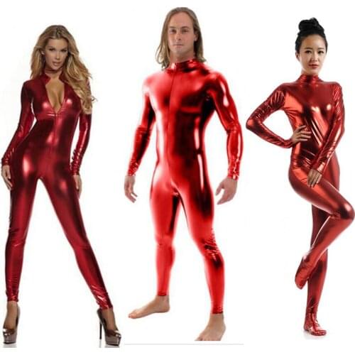 Custom crotch zipper Red Shiny Lycra Spandex Shiny Purple womens Unitard Catsuits Metallic Footed Zipper Zentai Bodysuit
