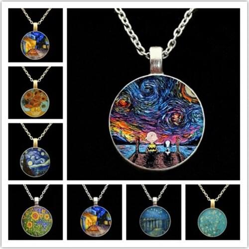 Van Gogh Starry Night Necklace Glass Cabochon Crescent Moon Clavicle Necklace Jewelry Valentines Gift for Women