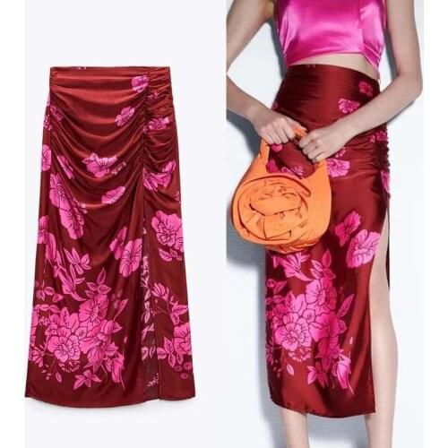 Klkxmyt Za Skirt Women Floral Print Long High Waist Midi Skirt Woman Summer 2021 Vintage Slit Skirt Ruched Split Elegant Skirts