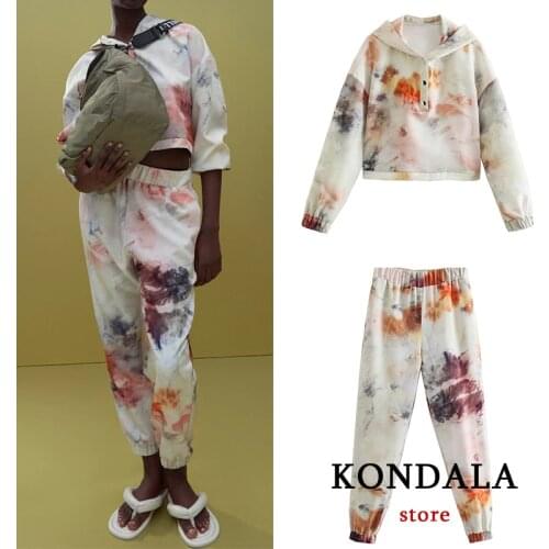 KONDALA Women Suits Za Tie Dye Streetwear Hooded Sweatshirts and Women Joggers Elastic Waist Sports Suit 2 Pieces Jogging Sets
