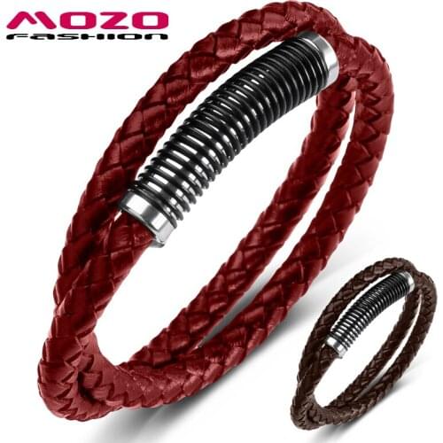 MOZO FASHION Men Charm Simple Genuine Leather Bracelets Stainless Steel Magnet Wholesale High Quality Jewelry Gifts 624