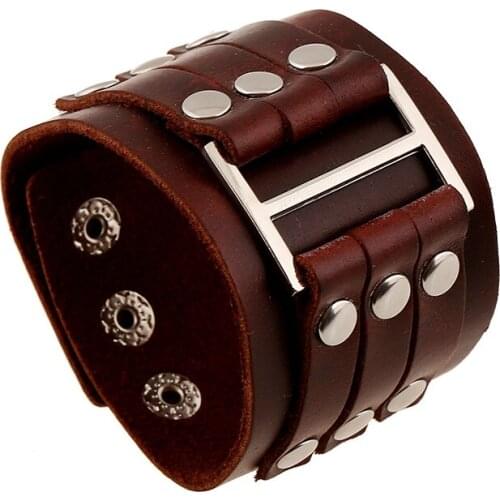 New Design Dark Brown Genuine Leather Punk Bracelets Trendy Casual Wrap Bracelets Silver Accessory For Men Women