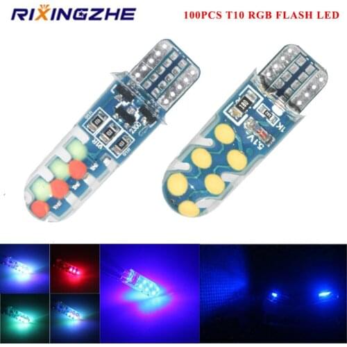 RXZ 100PC RGB T10 W5W Silicone Flash Strobe LED Bulbs Car Dome Reading Light Automobiles Wedge Lamp Bulb With Remote Controller