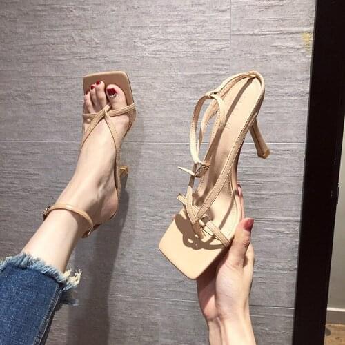 Narrow band split toe gladiator sandals women ankle strap high heels summer shoes sexy ladies leather band sandalias mujer 2020