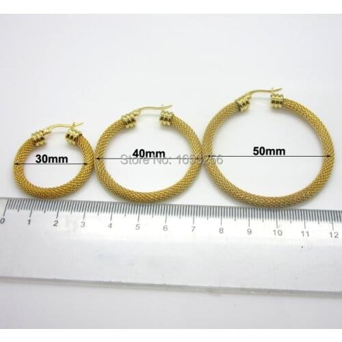 Size 30mm / 40mm / 50mm Choose Womens Gold Stainless Steel Round Cable Wire Mesh Hoop Earrings Fashion New Jewelry