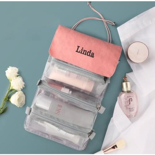 Custom Embroidery Foldable Toiletry Bag Portable Separated Large Volume Personalized Womens Cosmetic Makeup Kits
