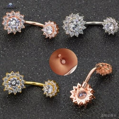 Starbeauty 14G Big Clear Gem Dangle Belly Button Rings Rose Gold Flower Earrings Belly Piercing Ombligo Navel Ear Piercing Jewel