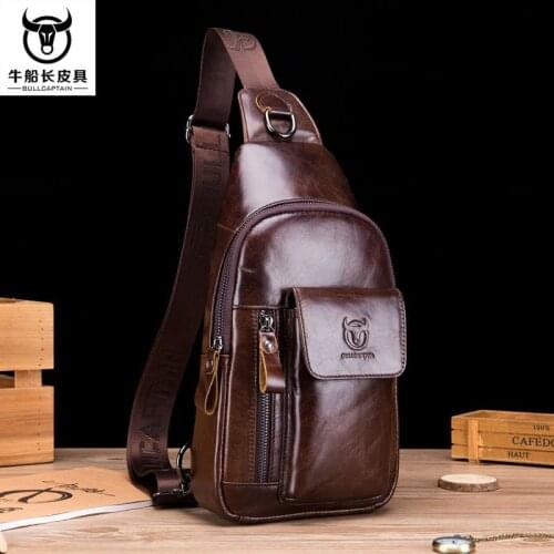 BULLCAPTAIN 2021 New Fashion Genuine Leather Crossbody Bags for Men Messenger Chest Bag Packs Travel Single Shoulder Strap Pack
