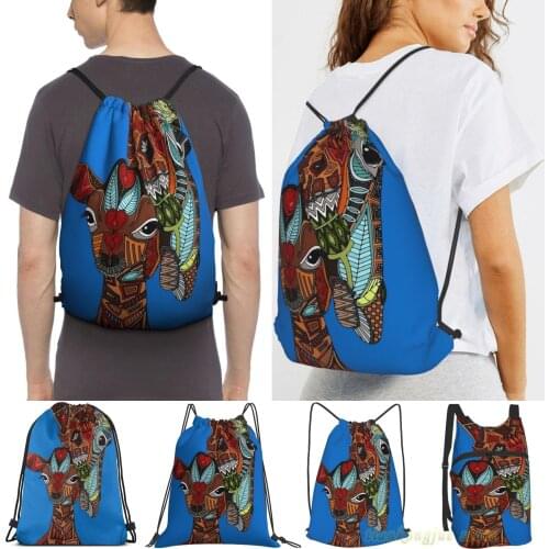 Unisex Drawstring Bags Giraffe Love Blue Women Drawstring Backpacks Men Outdoor Travel Backpacks Training Fitness Bag
