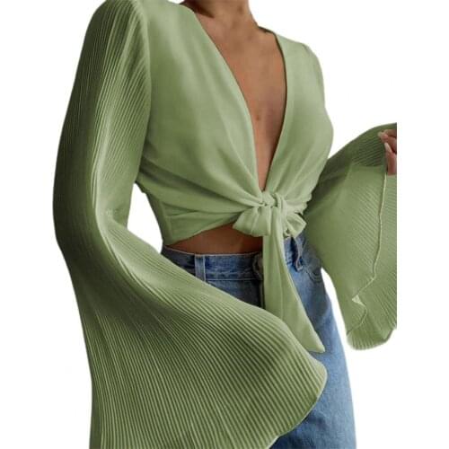 2021 Ladies Summer Polyester Blouse Long Flared Sleeve Breathable Female Women Deep V Neck Solid Color Tops for Daily Streetwear