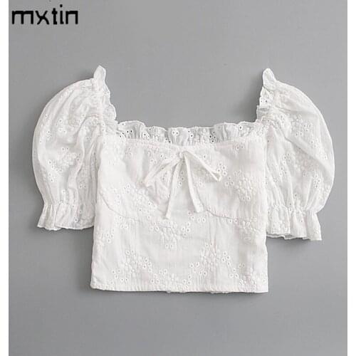 MXTIN 2020 Women Spring Vintage White Ruffle Cropped Blouses Fashion Elasticity Short Sleeves Female Shirts Blusas Chic Tops