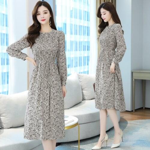 2021 Vintage Print Chiffon Lady Maxi Dress Autumn Winter Plus Size Long Sleeve Casual Dress Elegant Women Bodycon Party Vestidos