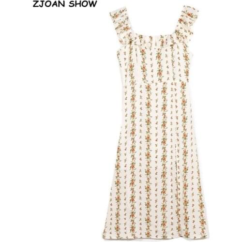 Vintage French Style Striped Floral Print Sleeveless Women Dress Ruffles Square Collar Hem Slit Tank Dresses Beach Holiday