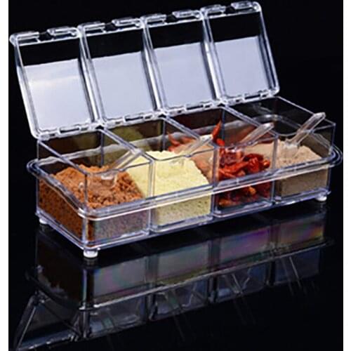 4 In 1 Transparent Seasoning Box Four Grids Spice Jar Set With Spoon Condiment Pepper Storage Container Kitchen Organizer Box