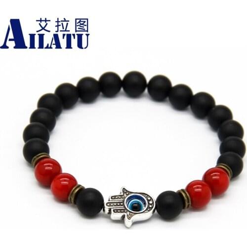 Ailatu Noble Jewelry Wholesale High Quality 8mm Simulated Red Coral & Matte Onyx Stone Beads Protection Hamsa Bracelets