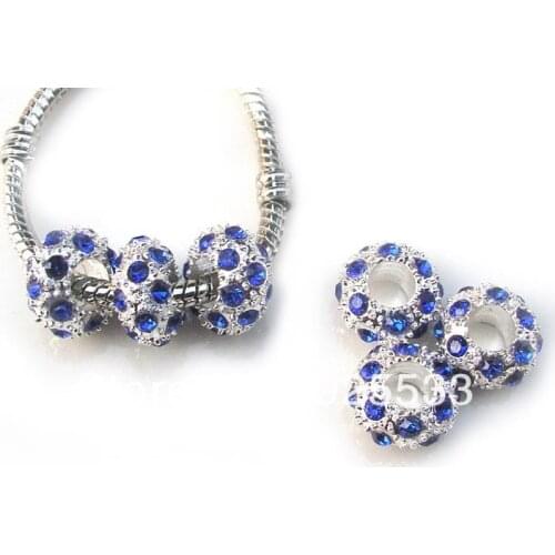 Free shipping 100pcs/pcs silver alloy with blue crystal beads fit European DIY bracelet jewelry