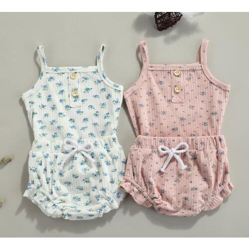 2 Pieces Kids Suit Set, Girls Flower Print Off Shoulder Sleeveless Romper+ Ruffled Short Pants, 0-18 Months