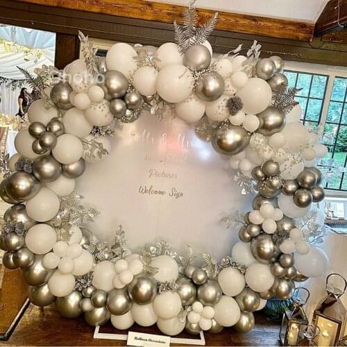 Chrome Metallic Silver White Balloon Arch Kit Wedding Bridal Shower Air Balon Garland Set Adult Birthday Party Background Wall
