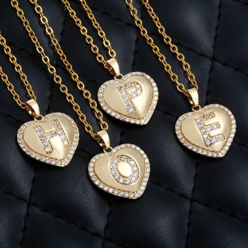 Exquisite Heart Shape 26 Letter Pendant Necklace Gold Plated Zircon Crystal Name Necklace Statement Jewelry Women Hip Hop Chain